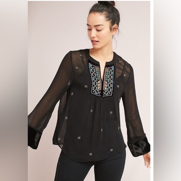 Velvet by Graham & Spencer Tops - Velvet By Graham & Spencer Embellished Sheer Long Sleeve Beaded Top Blouse Shirt